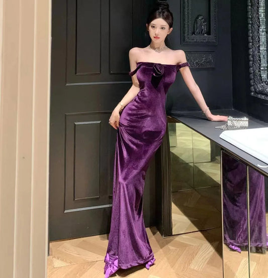 Velvet Sleeveless Long One-piece Dress Gown Purple Women Elegant Party Maxi Dress