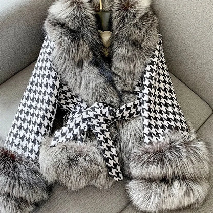 2022 Autumn Winter Women New Houndstooth Big Fur Collar Imitation Fox Fur Coat Female Temperament Short Slim Fit Fur Jacket