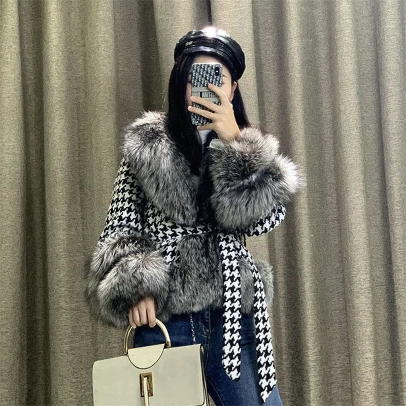 2022 Autumn Winter Women New Houndstooth Big Fur Collar Imitation Fox Fur Coat Female Temperament Short Slim Fit Fur Jacket