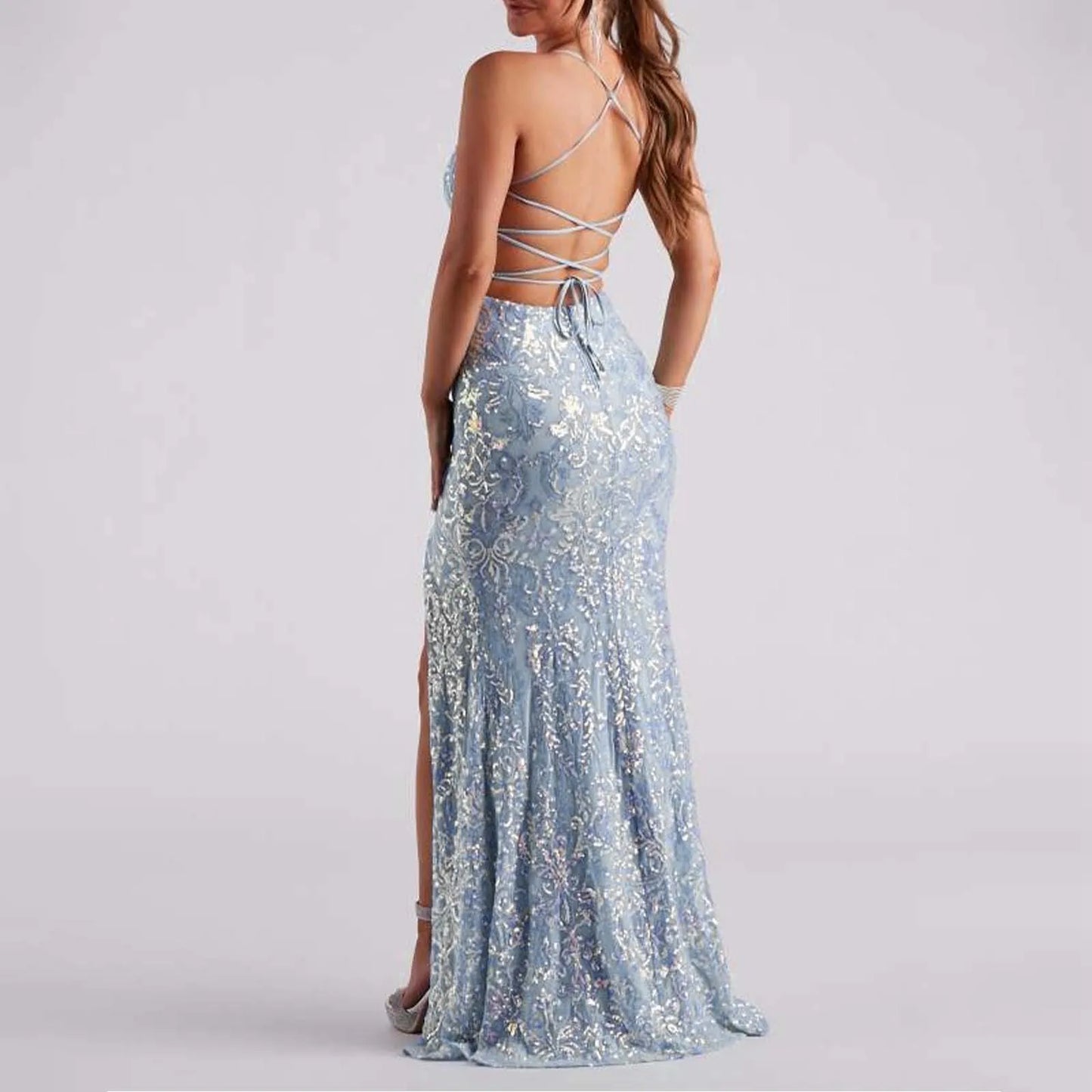 Glitter Light Blue Evening Dresses Sequined Spaghetti Straps V Neck Mermaid Prom Gown Open Back Cross Straps Split Party Dress