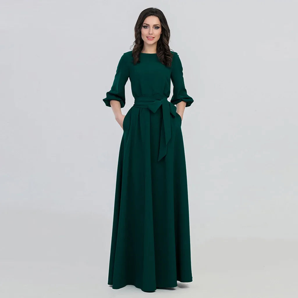 Elegant Vintage Bohemian Dress For Women Autumn Casual Loose Women'S O Neck Long Sleeve Belt A Line Long Dresses Robe Femme