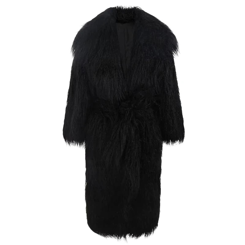 Mauroicardi Winter Long Thick Warm Shaggy Hairy Fluffy Faux Mongolian Fur Coat Women Sashes Elegant Luxury Furry Overcoat 2024