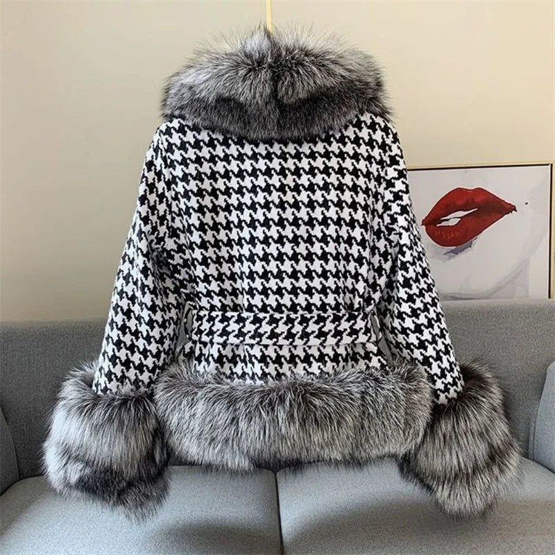 2022 Autumn Winter Women New Houndstooth Big Fur Collar Imitation Fox Fur Coat Female Temperament Short Slim Fit Fur Jacket