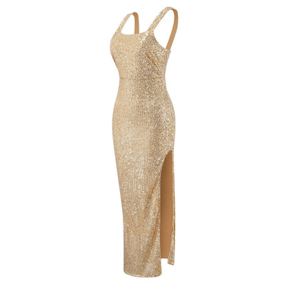 Gold Sequins Bodycon Dress Halter Strap U-Neck Zipper Party Club Prom Dress Women Fashion Shiny Sleeveless Splice Elegant Dress