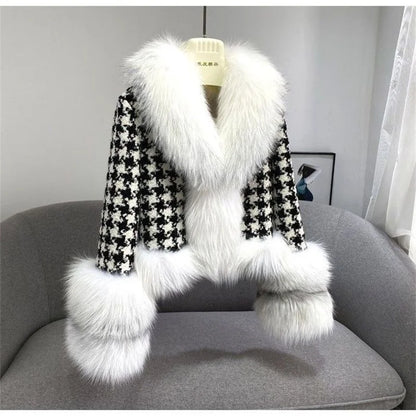 2022 Autumn Winter Women New Houndstooth Big Fur Collar Imitation Fox Fur Coat Female Temperament Short Slim Fit Fur Jacket