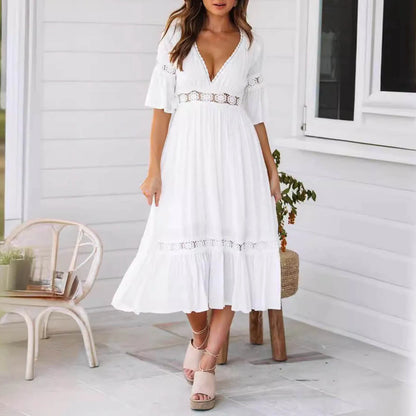 White Long Dress Women Summer Boho Lace Dresses Female Beach Holiday Hollow Out Dress Ladies Elegant Vintage Loose Vestidos