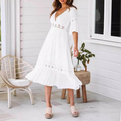 White Long Dress Women Summer Boho Lace Dresses Female Beach Holiday Hollow Out Dress Ladies Elegant Vintage Loose Vestidos