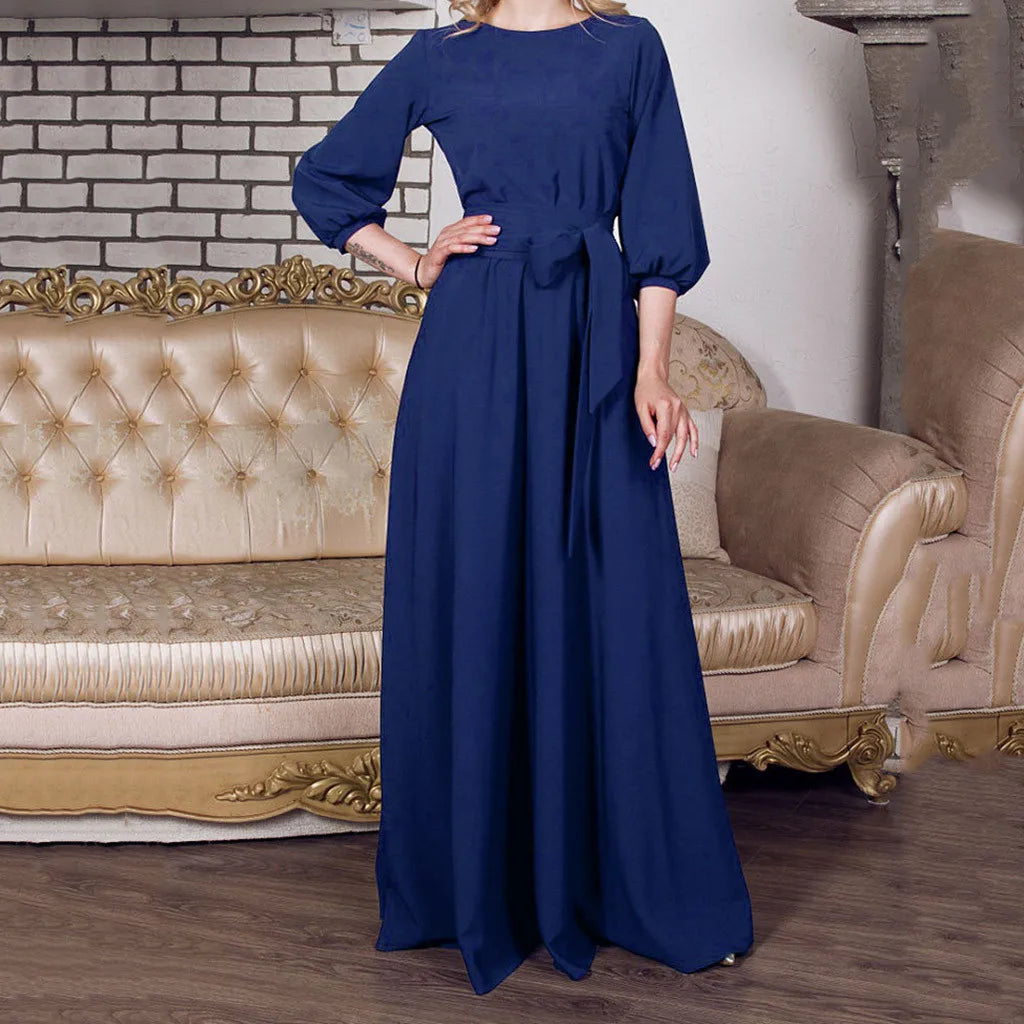 Elegant Vintage Bohemian Dress For Women Autumn Casual Loose Women'S O Neck Long Sleeve Belt A Line Long Dresses Robe Femme