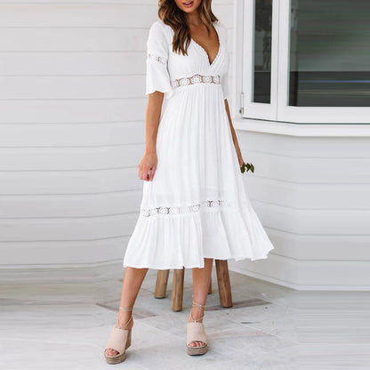 White Long Dress Women Summer Boho Lace Dresses Female Beach Holiday Hollow Out Dress Ladies Elegant Vintage Loose Vestidos