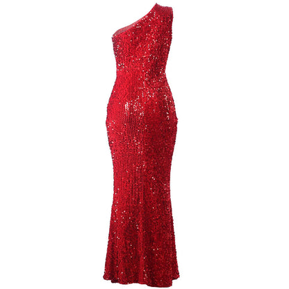 Women's Formal Dresses Elegant Glitter Sparkly Sequin Halterneck Hollow Out Bodycon Red Dress Vintage Maxi  Party Dress Vestidos