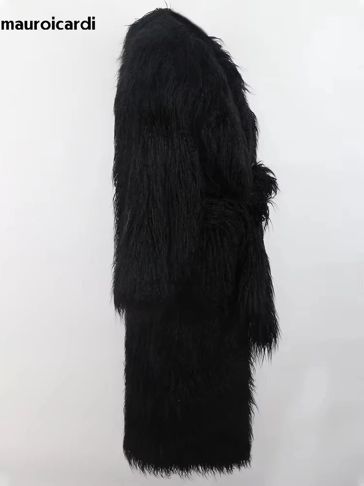 Mauroicardi Winter Long Thick Warm Shaggy Hairy Fluffy Faux Mongolian Fur Coat Women Sashes Elegant Luxury Furry Overcoat 2024