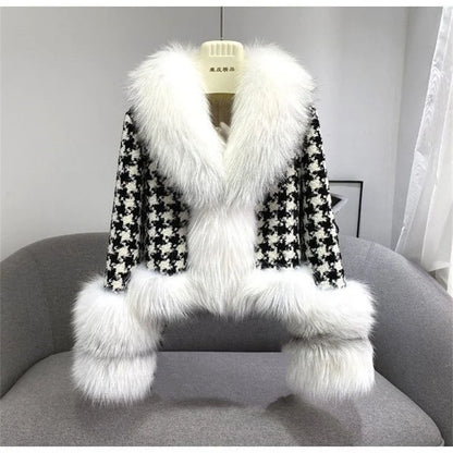 2022 Autumn Winter Women New Houndstooth Big Fur Collar Imitation Fox Fur Coat Female Temperament Short Slim Fit Fur Jacket