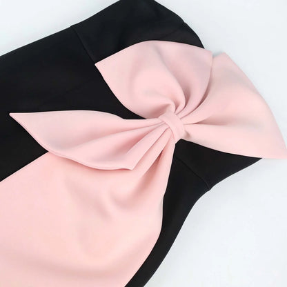 Party Formal Dresses Women Tube Top Black Pink Big Bow Patchwork Bodycon High Waist Evening Club Event Midi Gown Plus Size