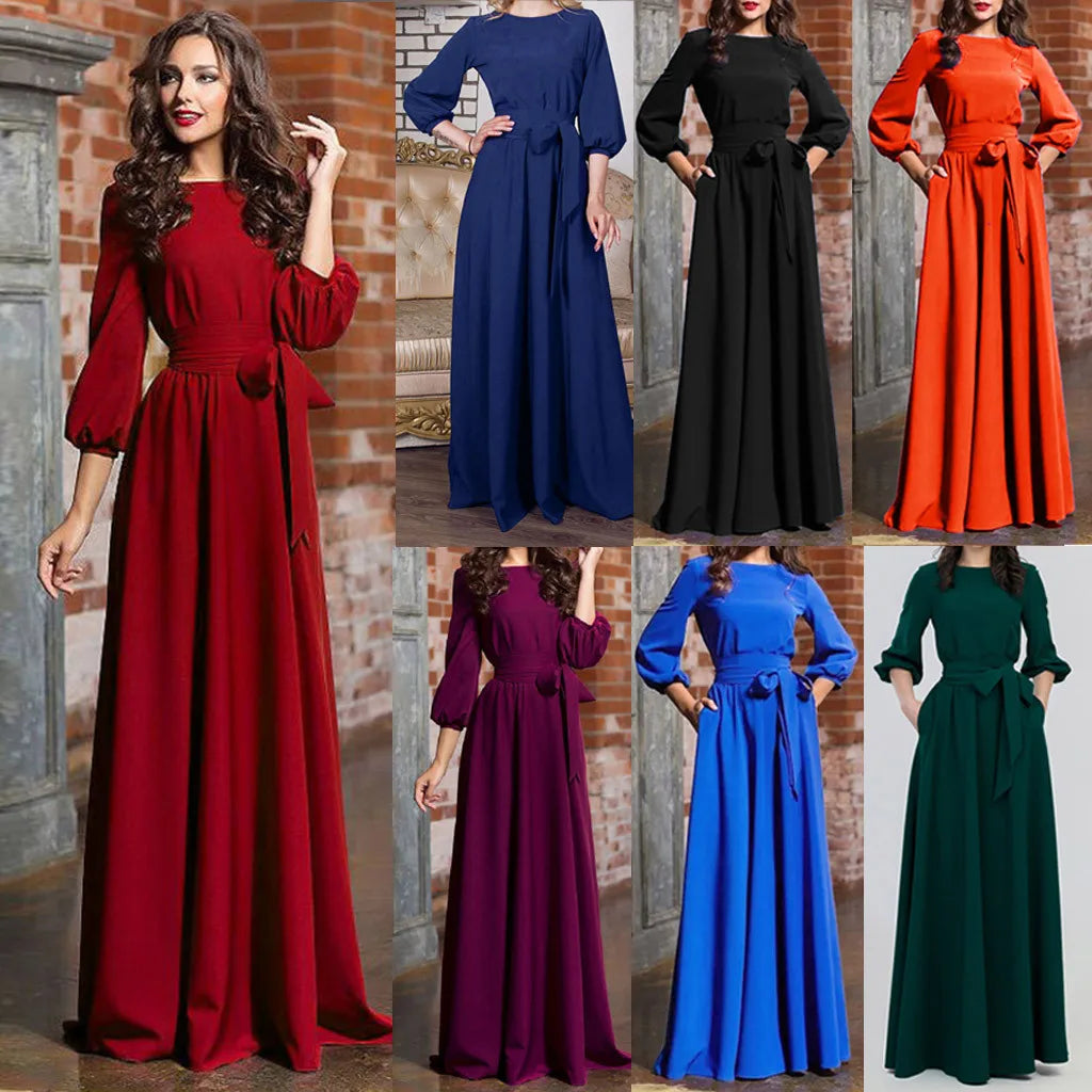 Elegant Vintage Bohemian Dress For Women Autumn Casual Loose Women'S O Neck Long Sleeve Belt A Line Long Dresses Robe Femme