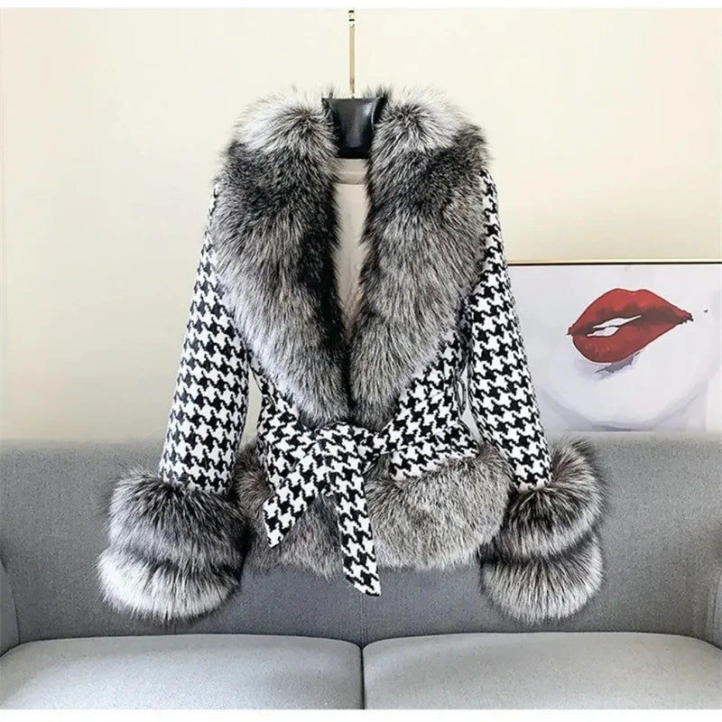 2022 Autumn Winter Women New Houndstooth Big Fur Collar Imitation Fox Fur Coat Female Temperament Short Slim Fit Fur Jacket