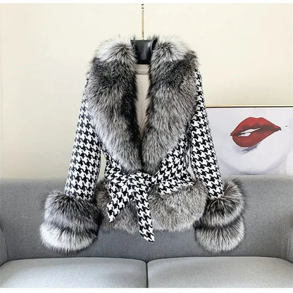 2022 Autumn Winter Women New Houndstooth Big Fur Collar Imitation Fox Fur Coat Female Temperament Short Slim Fit Fur Jacket