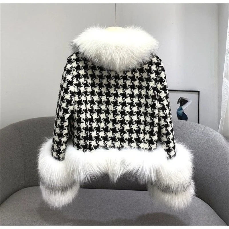 2022 Autumn Winter Women New Houndstooth Big Fur Collar Imitation Fox Fur Coat Female Temperament Short Slim Fit Fur Jacket