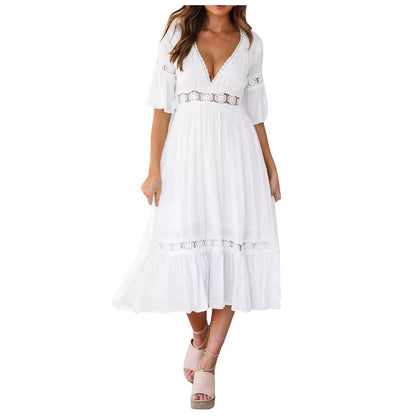 White Long Dress Women Summer Boho Lace Dresses Female Beach Holiday Hollow Out Dress Ladies Elegant Vintage Loose Vestidos