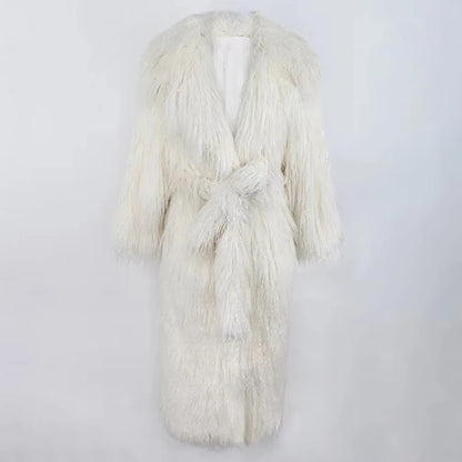 Mauroicardi Winter Long Thick Warm Shaggy Hairy Fluffy Faux Mongolian Fur Coat Women Sashes Elegant Luxury Furry Overcoat 2024