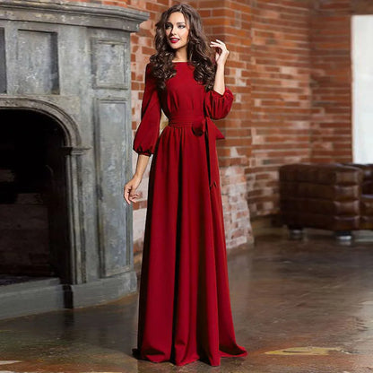 Elegant Vintage Bohemian Dress For Women Autumn Casual Loose Women'S O Neck Long Sleeve Belt A Line Long Dresses Robe Femme